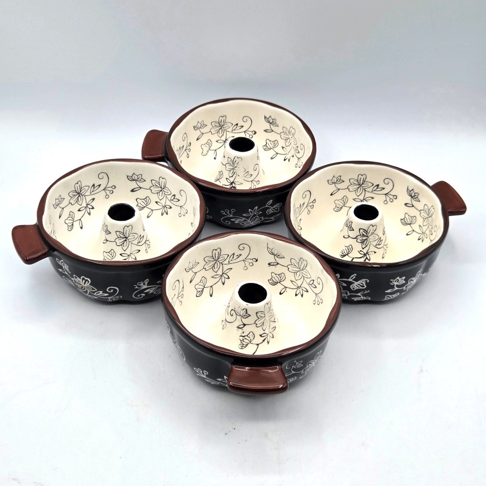 Set 4, Temp-Tations by Tara Floral Lace Black Ceramic Mini Fluted Cake Pans